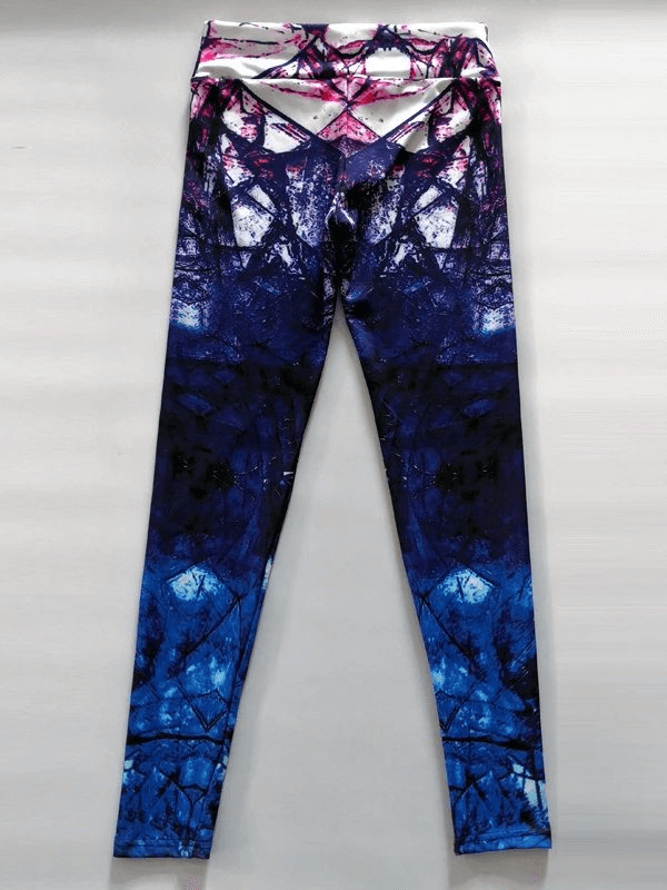 Vibrant blue and pink patterned women's sports leggings perfect for fitness, featuring a high waist and seamless ankle-length design.